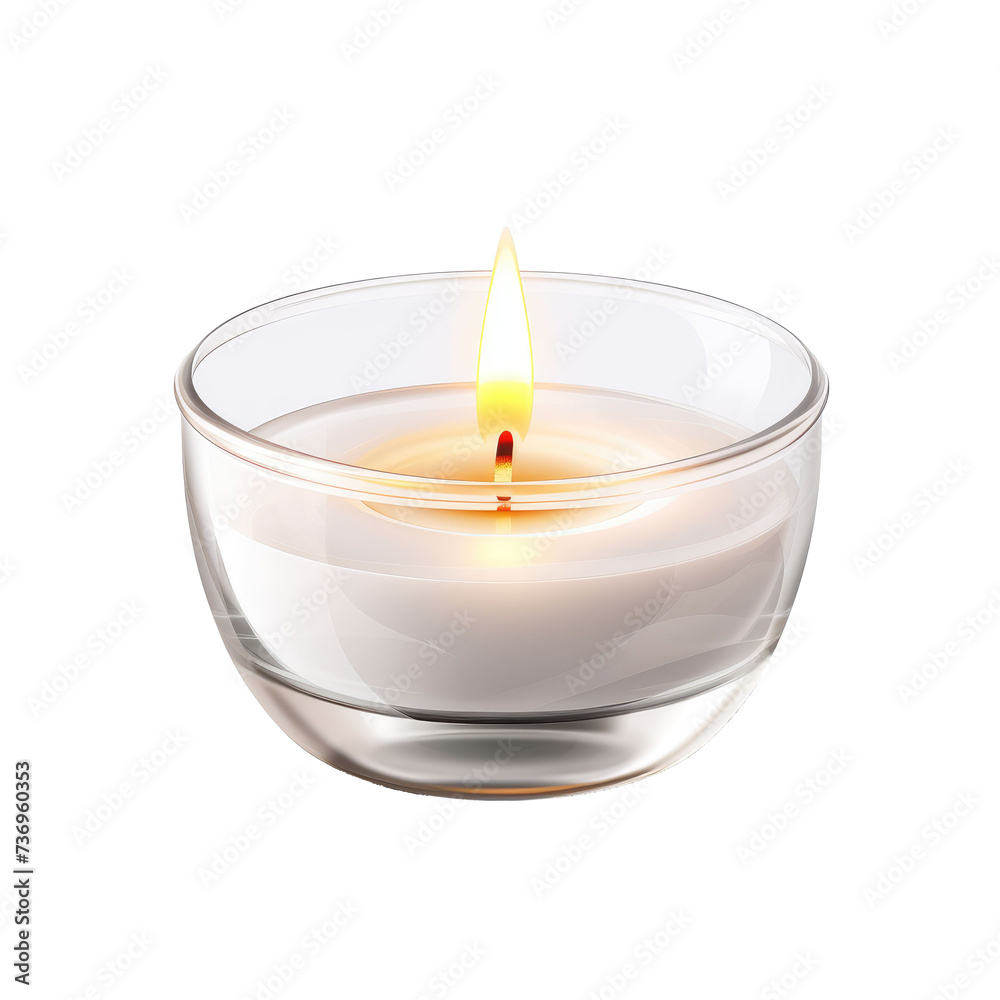 white candle with flame in small glass bowl, isolated on a transparent background