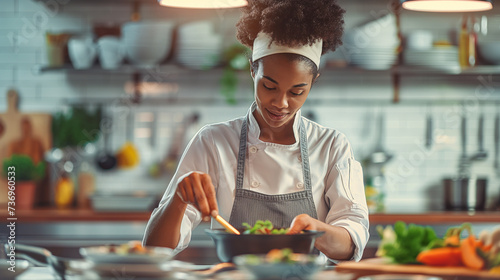 African American Chef Woman Preparing Food in a Professional Kitchen