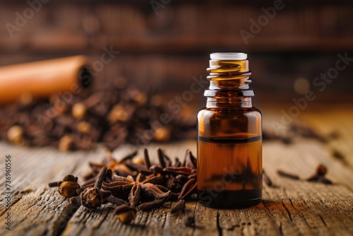 Clove essential oil on a wooden surface