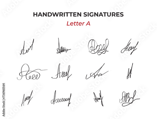 Handwritten Autographs set with letter A. Fake hand drawn design. Fictitious signature scribble for business certificate or note. Vector doodle isolated illustration 1 of 26