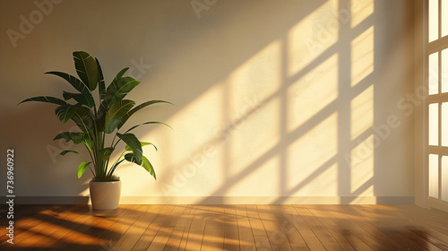 Minimalist Interior Design, Natural Light Through Window, Diagonal Shadows on Wall, Potted Plant in Corner, Wooden Floor, Calm and Serene Atmosphere, Warm Sunlight Tones