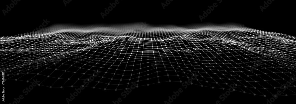 Wireframe Landscape Wire with Depth of Field Effect. 3D Topographic map background concept. Geography concept. Wavy backdrop. Space surface HUD Design Element.
