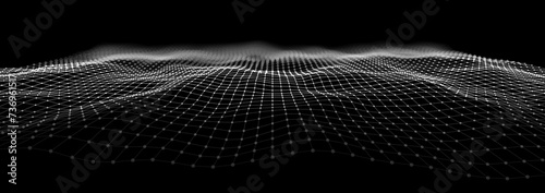 Wireframe Landscape Wire with Depth of Field Effect. 3D Topographic map background concept. Geography concept. Wavy backdrop. Space surface HUD Design Element.