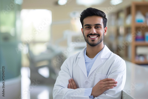 Handsome Indian male dentist smiling, standing with folded hands inside blurry modern clinic. Dental care concept