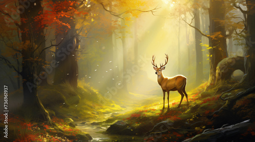 A painting of a deer in a forest with sunlight streaming through the trees. © Natia