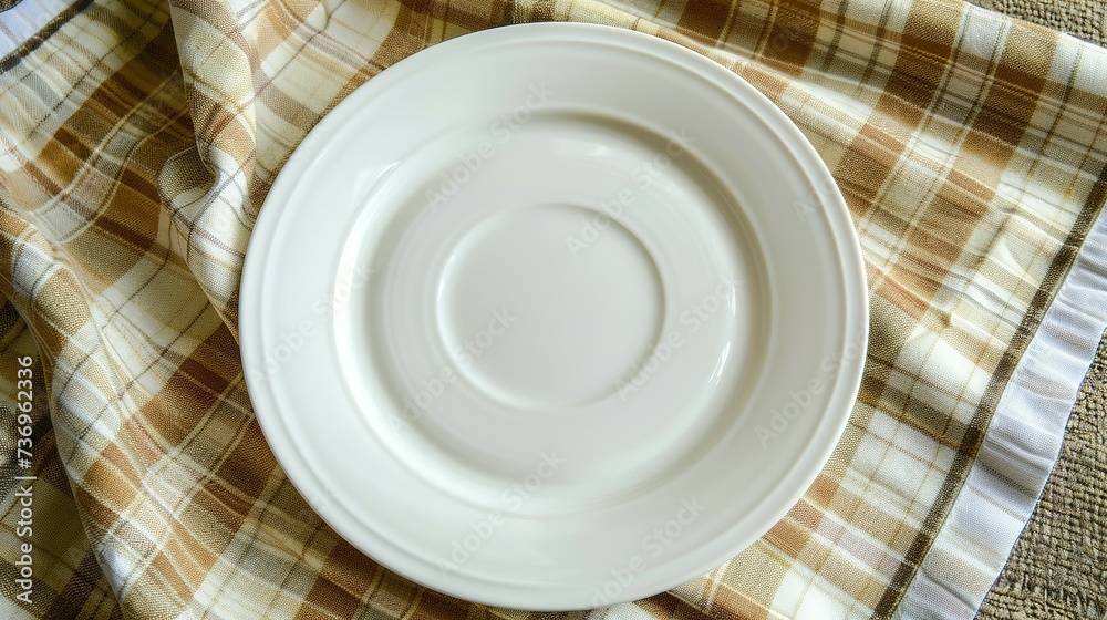 Top view on colored background empty round white plate on tablecloth for food. Empty dish on napkin with space for your design Top view on colored background empty round white plate on tablecloth for food. Empty dish on napkin with space for your design