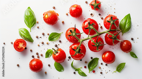 Fresh Cherry Tomatoes Scattered Across with Natural Dew, Cut Up Piquant Basil Leaves, Crunchy Peppercorns, an Array Laid On Pure White Highlighted Background