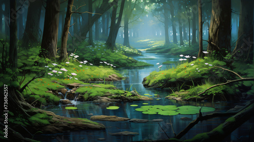 A painting of a forest with a river and lily pads.