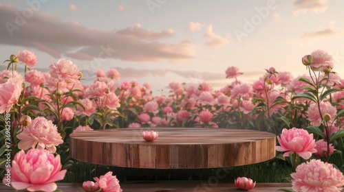 Fototapeta Naklejka Na Ścianę i Meble -  serene landscape adorned with lush, blooming pink peonies surrounding a circular wooden platform, under the gentle embrace of a sunset sky
