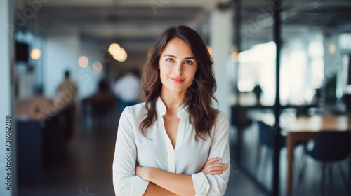 Business woman smiling at office abstract backgound. Generative ai.