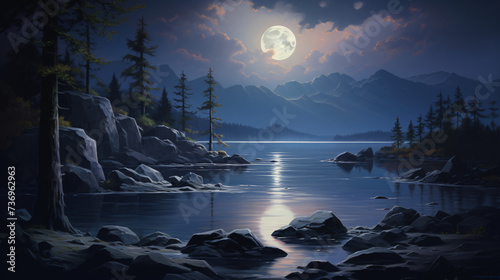 A painting of a full moon over a lake with rocks.