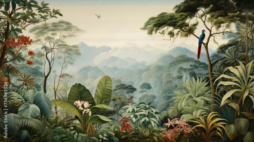 A painting of a jungle scene with lots of plants.