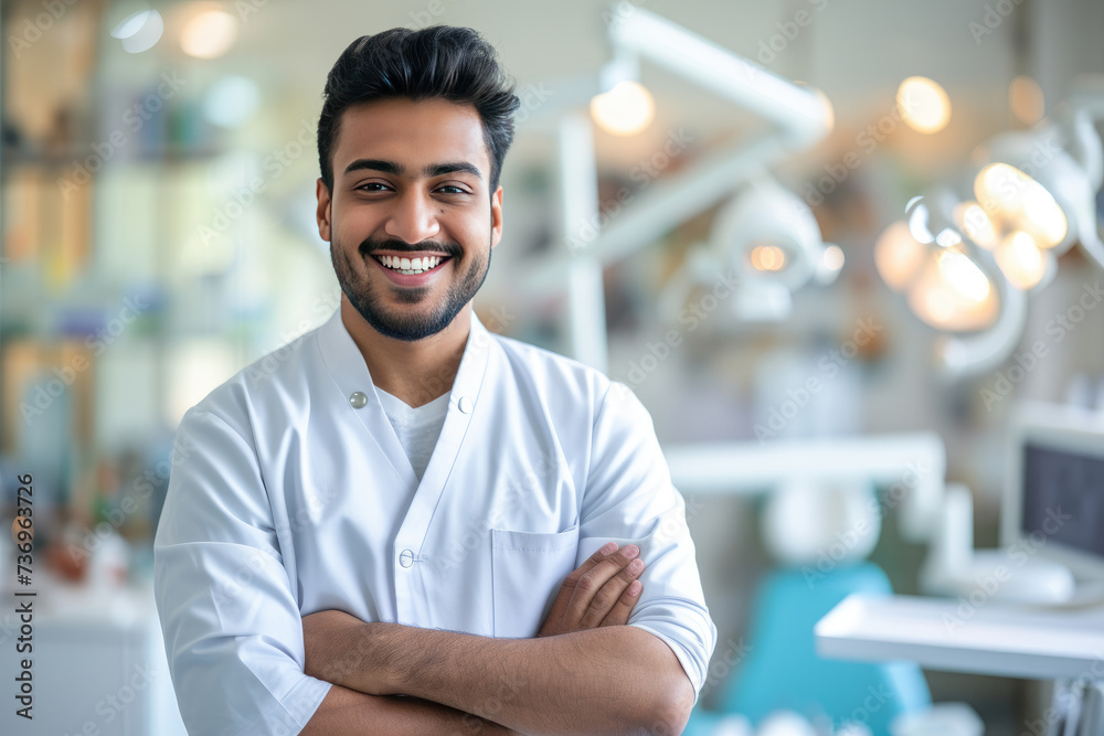 Handsome Indian male dentist smiling, standing with folded hands inside blurry modern clinic. Dental care concept - obrazy, fototapety, plakaty 