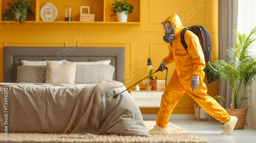 Man in Yellow Hazmat Suit Cleaning a Bed photo
