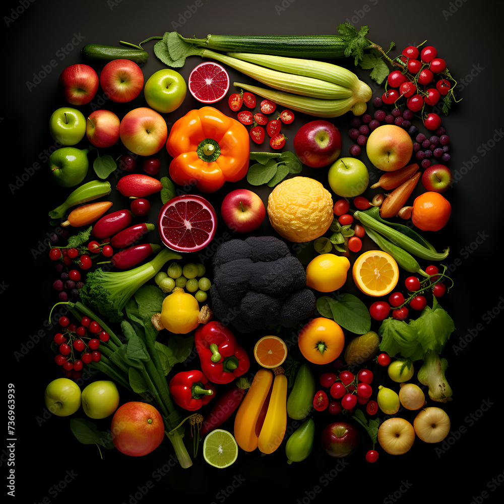 Fruits and vegetables on a black background. Healthy food concept.
