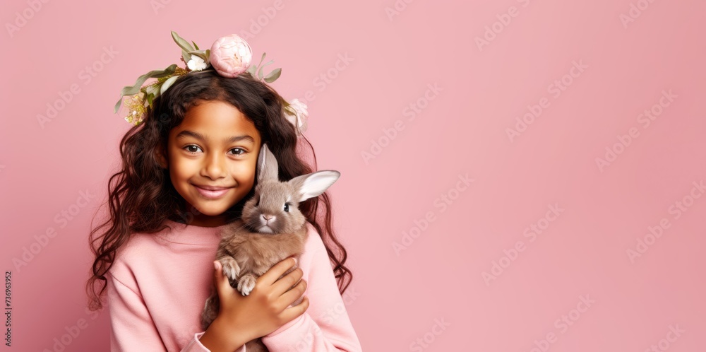
Photography a young indigenous girl, aged 12, playfully wearing bunny ears and holding a chocolate Easter bunny, against a gentle pastel rose-colored background with copy space