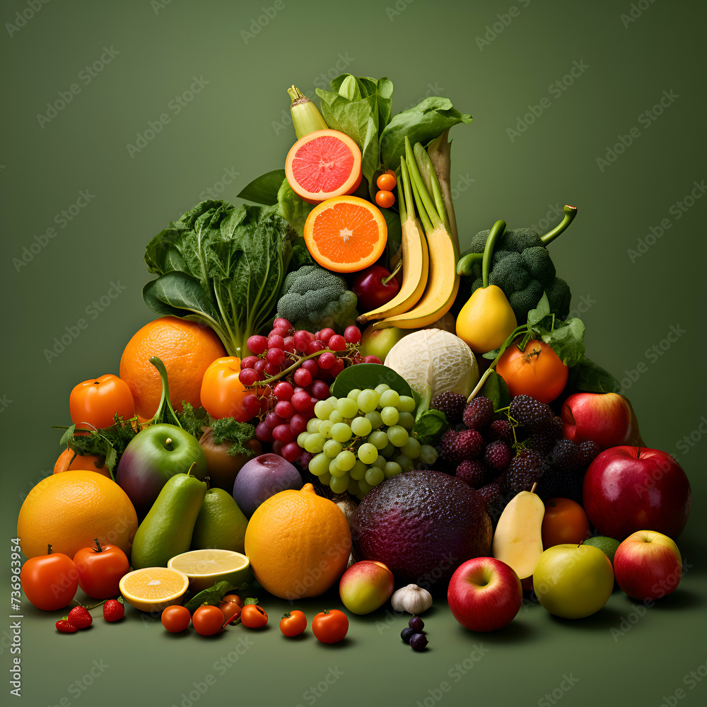 Fruits and vegetables on a green background. Healthy food concept.
