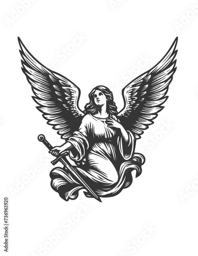 angel with wings holding a sword vector illustration. winged angel with a graceful look holding a dagger