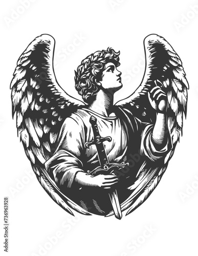 angel with wings holding a sword vector illustration. winged angel with a graceful look holding a dagger