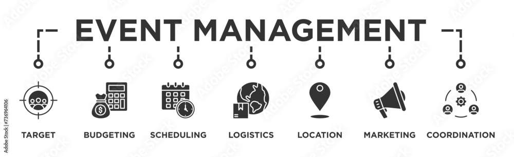 Event management banner web icon vector illustration concept with icon of target, budgeting, scheduling, logistics, location, marketing, and coordination  - obrazy, fototapety, plakaty 