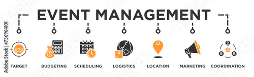 Event management banner web icon vector illustration concept with icon of target, budgeting, scheduling, logistics, location, marketing, and coordination 