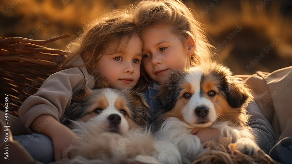 Friendship between sweet puppy ​​and child - portrait of cute and child with deep love  | Generative AI