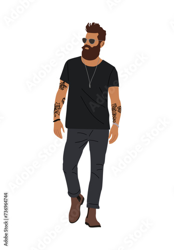 Stylish man in street fashion outfit. Bearded guy wearing modern casual clothes, black jeans, t-shirt, sunglasses with tattoo. Vector realistic illustration isolated on transparent background.
