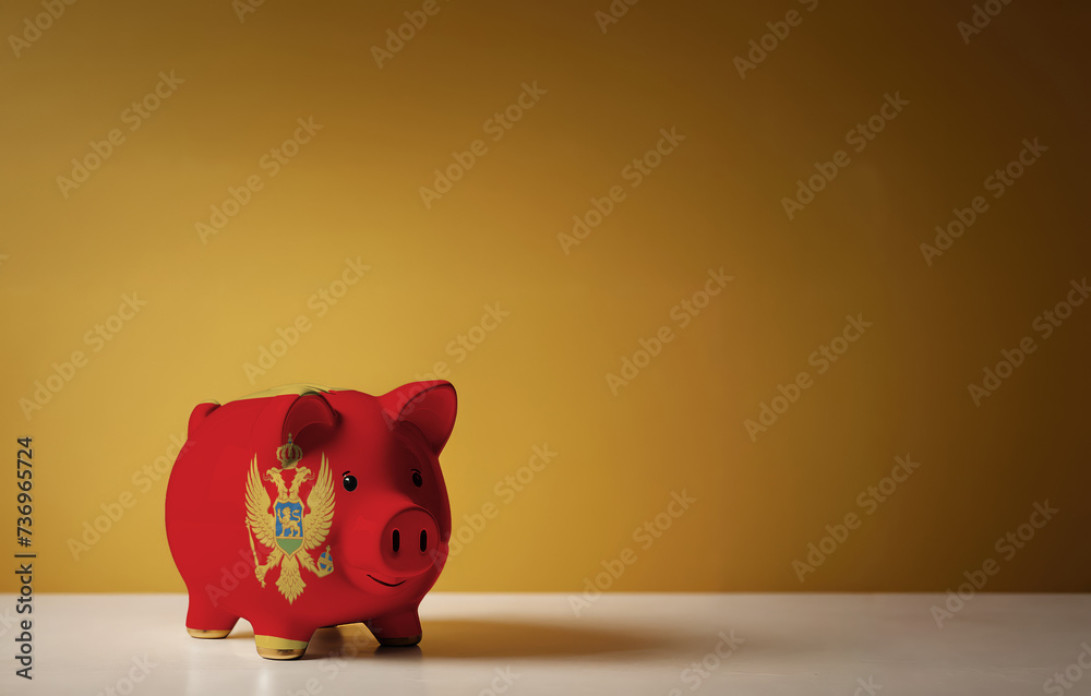Piggy bank with painting of Montenegro flag. The problem is in the economy. Economic crisis. Saving money concept. Piggy bank with painting of Montenegro flag. The problem is in the economy. Economic crisis. Saving money concept.