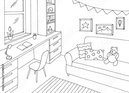Children room graphic black white home interior sketch illustration vector 