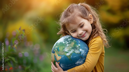 A young child girl hugging a planet earth model. World Children's Day or International Day of the Girl Child concept banner. Generative AI illustration 