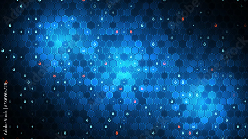 Hexagon Grid Network with Protected Nodes. Cyber Security Technology Background. Protect Business from Hackers Concept. Cloud Network Protection Backdrop. Vector Illustration.