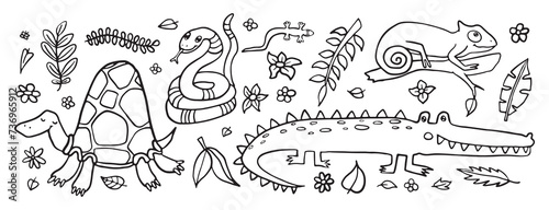 A playful black and white line art illustration featuring a turtle, snake, gecko, snail, and crocodile amidst jungle flora.