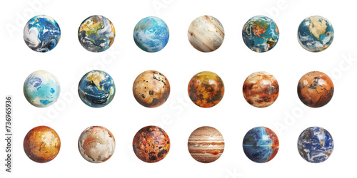 Set of planets on white background