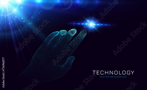 Abstract 3D Particles Hand Geometric Background. Touch to Electronic Display. Digital Dots Human Hand. Futuristic Technology Backdrop. Virtual reality Vector Illustration.