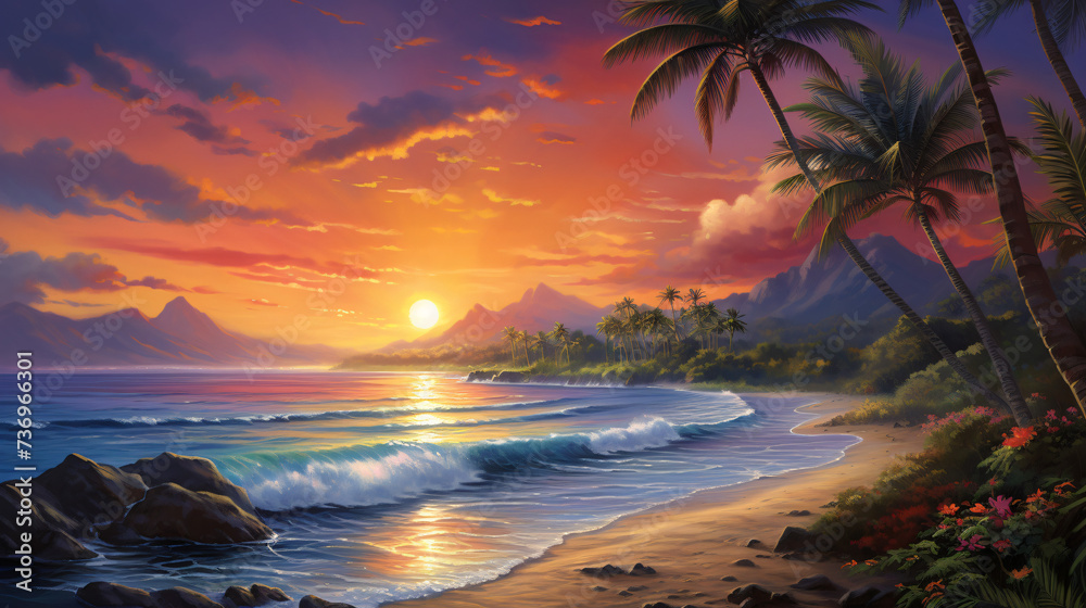 Painting of a tropical sunset with palm trees.