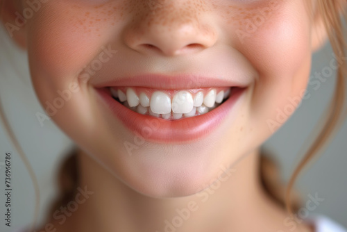 Portrait of a beautiful and happy girl smiling. Healthy teeth concept. Children's dentistry.