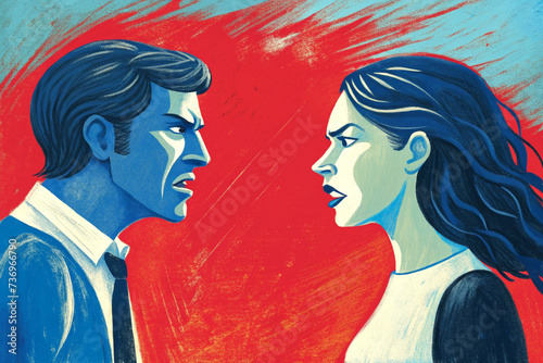 A woman and a man argue, feud and conflict. The conflict between people and the genders. illustration, poster, article.