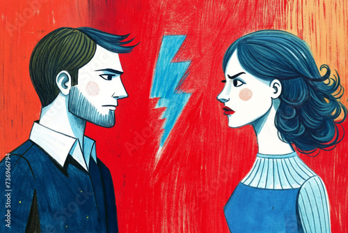 A woman and a man argue, feud and conflict. The conflict between people and the genders. illustration, poster, article.