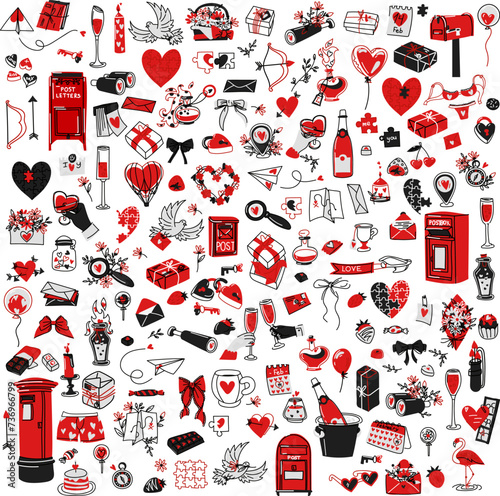 Set is colored large for Valentine's Day in a doodle style. Black and red linear outline. An isolated vector. Objects for lovers are contour illustrations. The sketch with a partial fill of red color