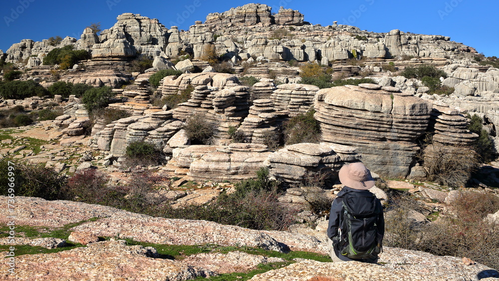 Impressive karstic landscape with unusual limestone rock formations in the National Park Torcal de Antequera, Malaga province, Andalusia, Spain