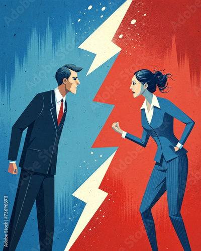 A woman and a man argue, feud and conflict. The conflict between people and the genders. illustration, poster, article. photo