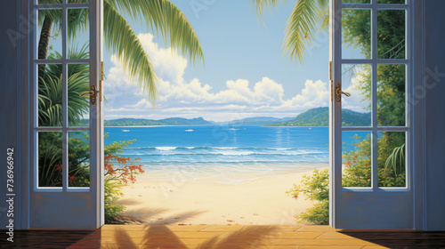 Painting of an open door leading to a beach view.