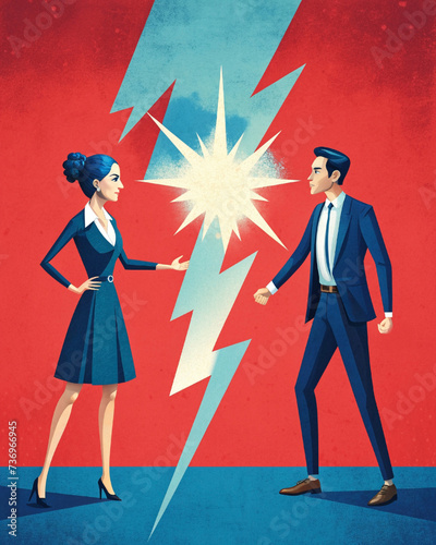 A woman and a man argue, feud and conflict. The conflict between people and the genders. illustration, poster, article.