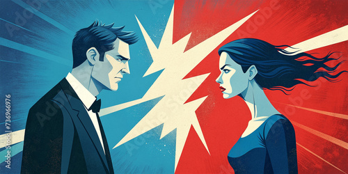 A woman and a man argue, feud and conflict. The conflict between people and the genders. illustration, poster, article. photo