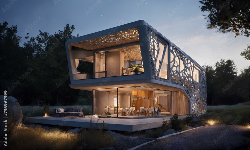 Obraz premium 3Dプリント住宅。最新の機械を使った新技術住宅建築｜3D printed house. New technology housing construction using the latest machinery. Generative AI 
