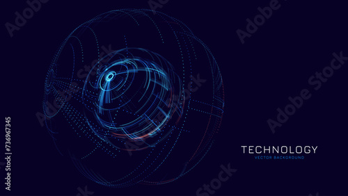 Abstract Neon 3D Tech Sphere. Global Network Connections. Cyberpunk Globe Grid HUD Design Element. Futuristic Earth Hologram. Vector Technology Sci Fi Illustration.