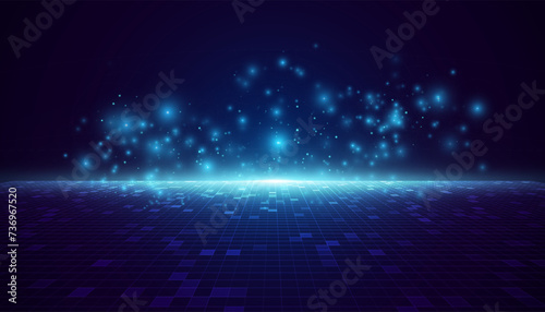 Abstract Digital Technology or Science Background. Blue Perspective Grid with Light Effects. Vector Illustration.