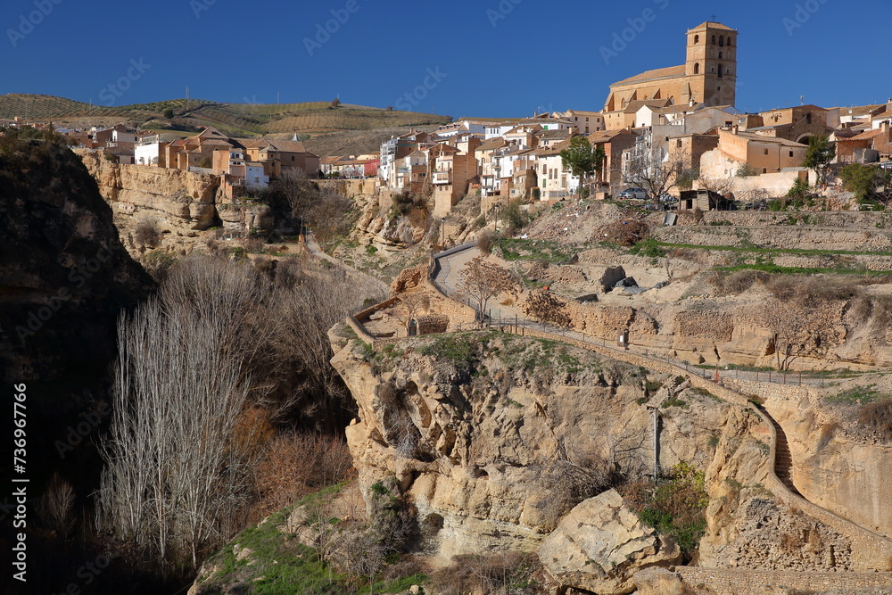 Spectacular view of the perched town of Alhama de Granada, Granada province, Andalusia, Spain, viewed from the other side of an impressive gorge (named Los Tajos)
