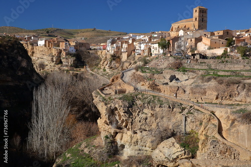 Obraz na płótnie Spectacular view of the perched town of Alhama de Granada, Granada province, Andalusia, Spain, viewed from the other side of an impressive gorge (named Los Tajos) w salonie