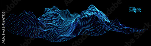 Blue Wireframe Landscape Wire with Depth of Field Effect. 3D Topographic Map Background Concept. Geography Concept. Tech Wavy Backdrop. Space Game Surface HUD Design Element.